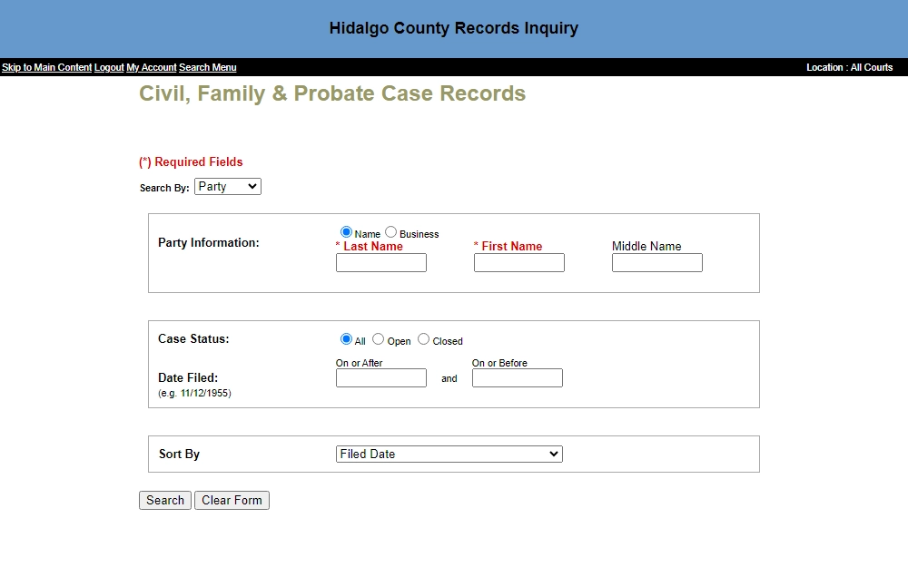 A screenshot of Hidalgo County's Civil, Family & Probate Case Records search tool where anyone can search for cases by providing the party information (last name, first name, and middle name), case status, and the date the case was filed, if known.
