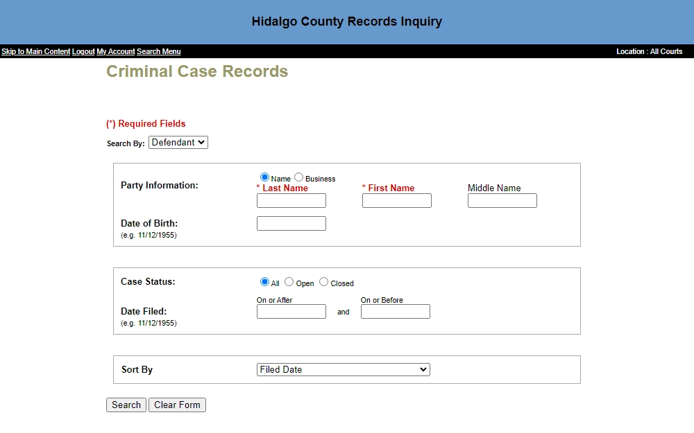 A screenshot of Hidalgo County's Criminal Case Records search tool that can be searched by name (requiring the defendant's first and last name and other optional search options such as middle name, DOB, case status, and filed date), by case number, and other options.
