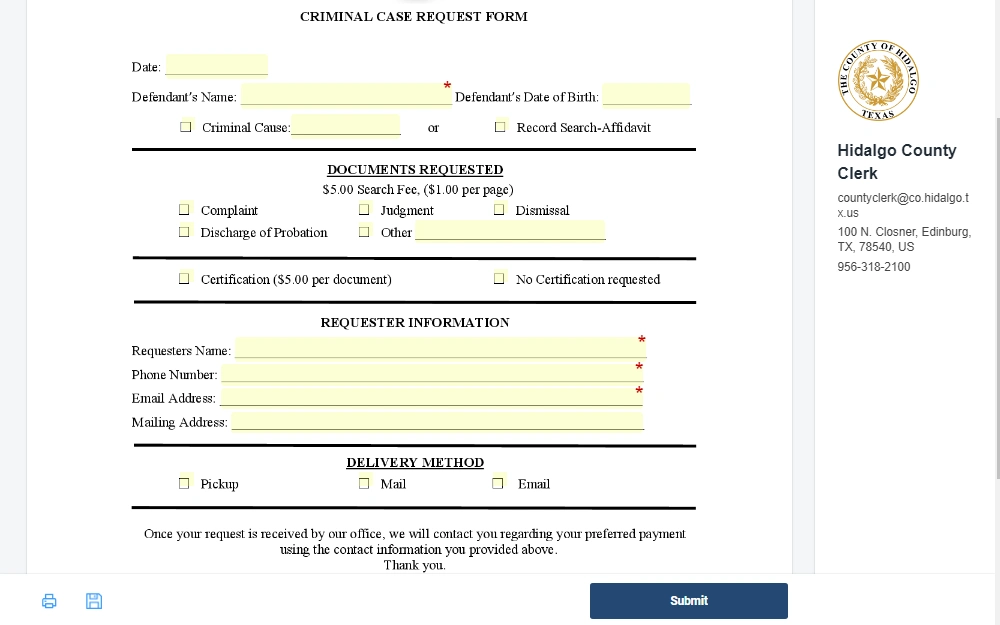 A screenshot showing the online Criminal Case Request Form made available by the Hidalgo County Clerk, showing the required information such as the defendant's name, requester's name, phone number, email address, mailing address, and other optional information that could aid in finding the record.