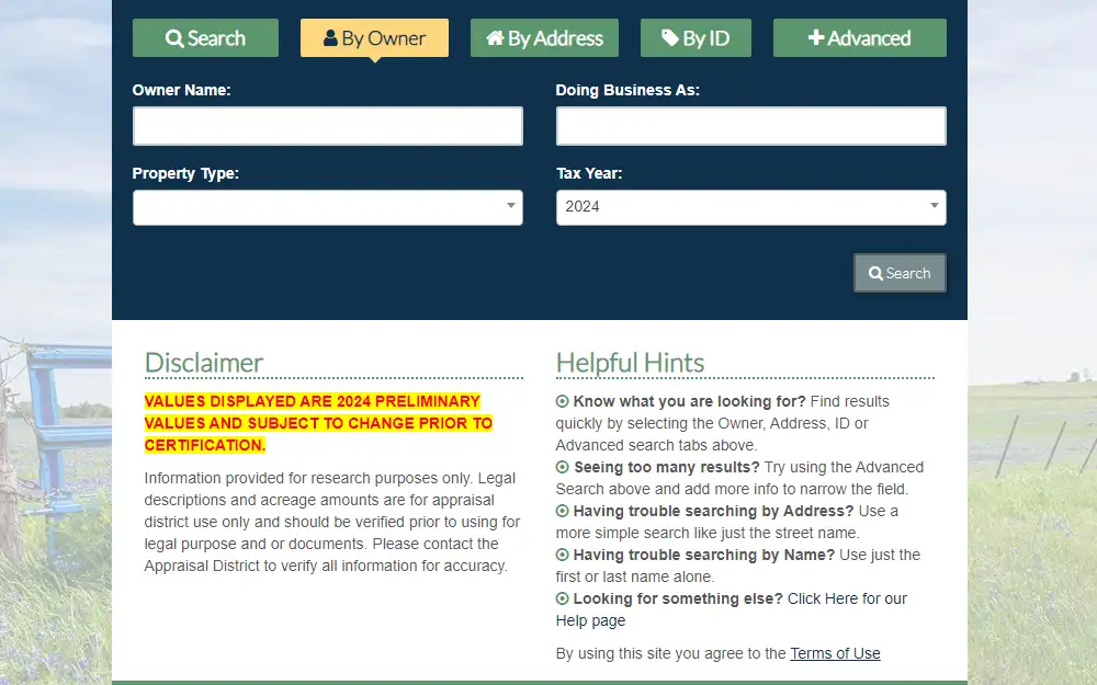 A screenshot of the Property Search tool provided by Hidalgo County Appraisal District that is searchable by the owner's information, by address, by ID, or through advanced search; the disclaimer and helpful hints for searching effectively are also displayed.
