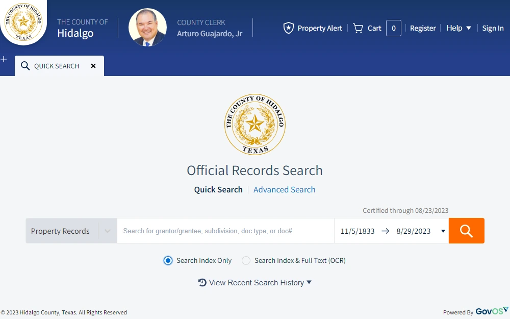 A screenshot of the Official Property Record search tool of Hidalgo County Clerk's Office, searchable by providing the name of the grantor, grantee, subdivision, doc type, or doc #. 