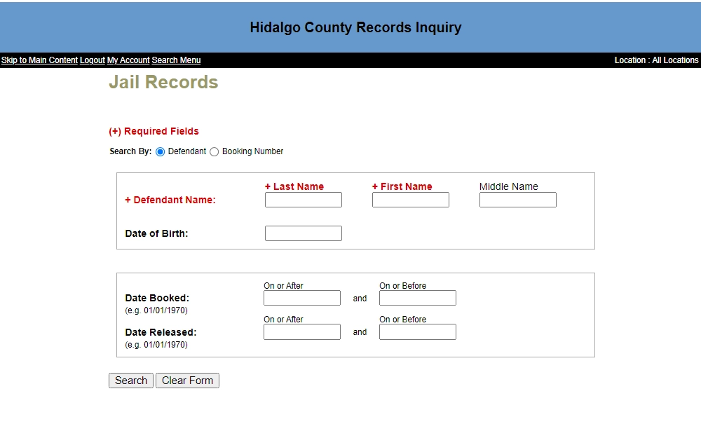 A screenshot of the Hidalgo County Jail Records Search Tool which is searchable by defendant's information, including the first and last name, DOB, date the defendant was booked and released, or by booking number. 