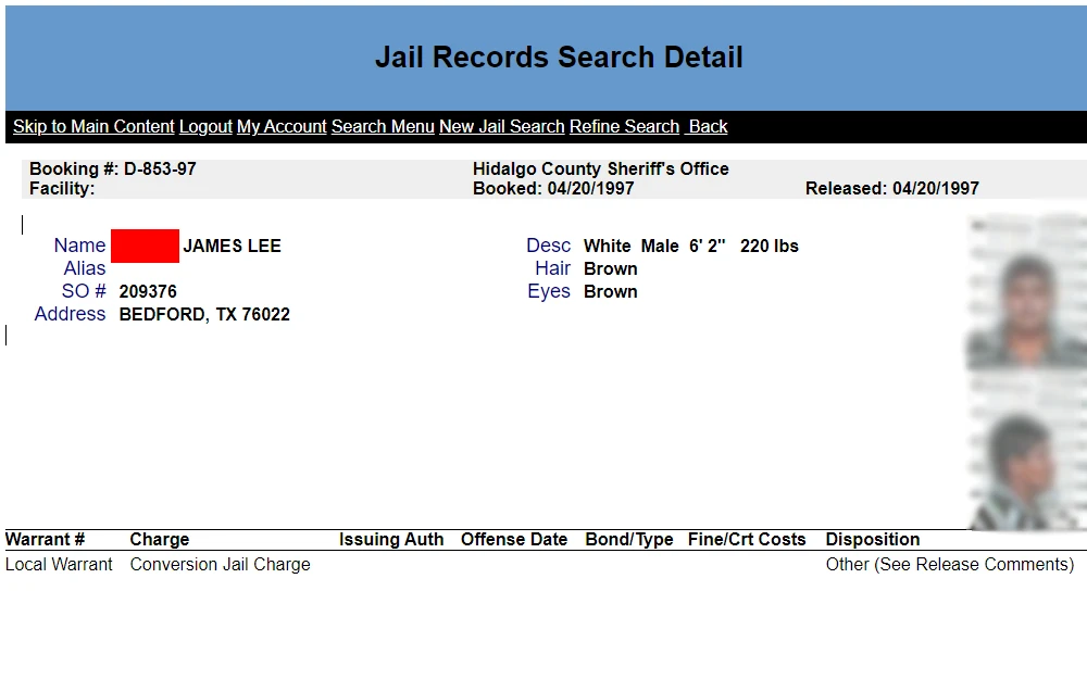 A screenshot of a sample defendant's detailed information from the Hidalgo County jail records search inquiry displaying the individual's booking number, facility, booked and release date, name, SO #, address, other description, and mugshots.