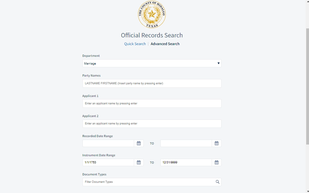 A screenshot of the advance search page for official marriage records where the searcher may provide the party name, applicant 1, applicant 2, recorded date range, instrument date range, document types, and other information. 