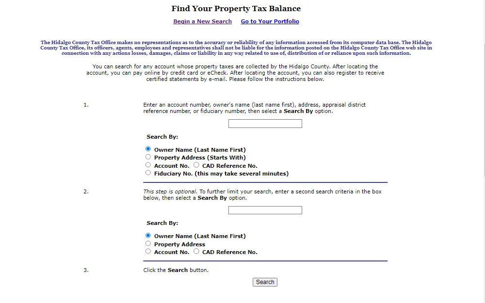 A screenshot of the Property Tax Balance Inquiry tool where an individual can search a property by providing either the owner's name, property address, account number, CAD reference number, or the Fiduciary number.