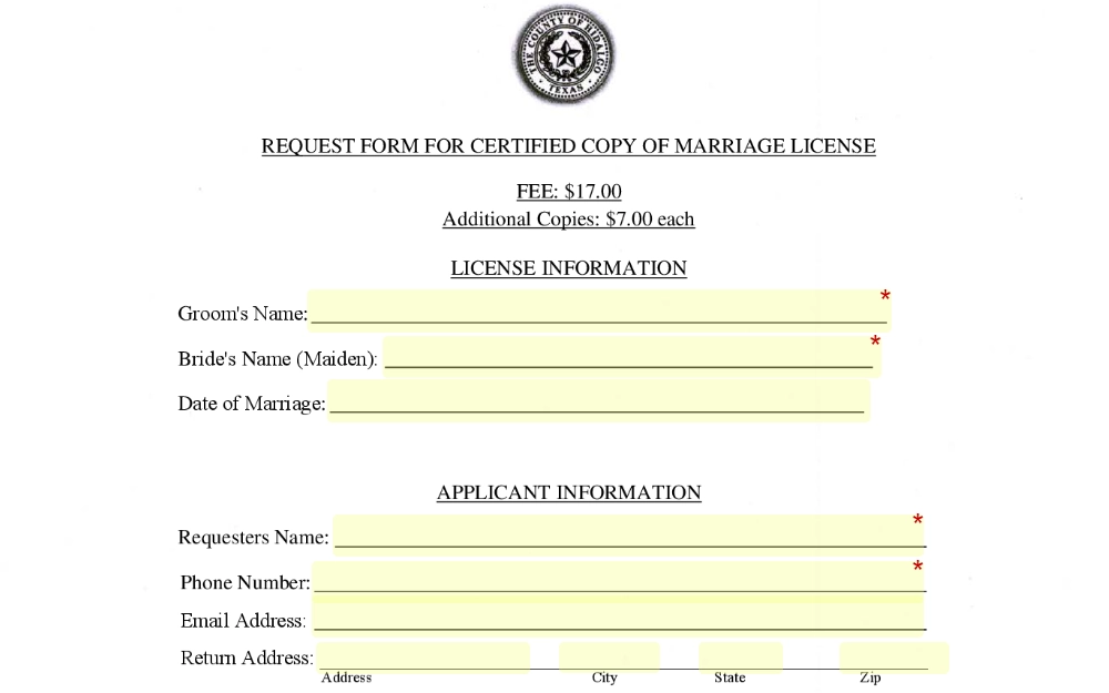 Screenshot of the online request form for license of marriage showing details of fees, and with fields for both license and applicant information.
