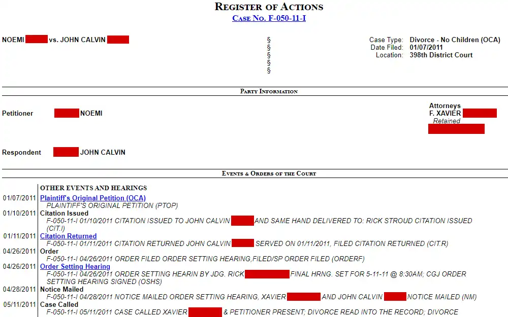 A screenshot of a case detail displaying the names of parties, case type, filing date, case number, location, attorney, and events.