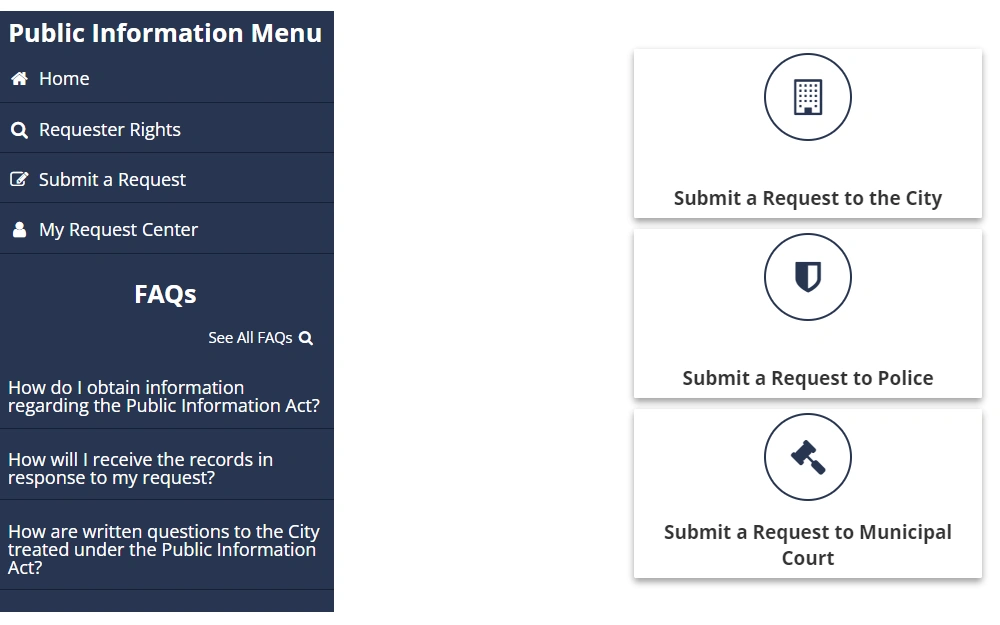 Screenshot of the public record request submission options including request to the city, police, and municipal court, with the side panel showing the frequently asked questions, and public information menu.