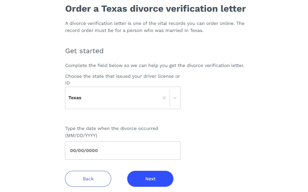 Screenshot of the first step from the online order form for divorce verification letter showing a drop down menu for the state where the ID is issued, and calendar for divorce occurrence.