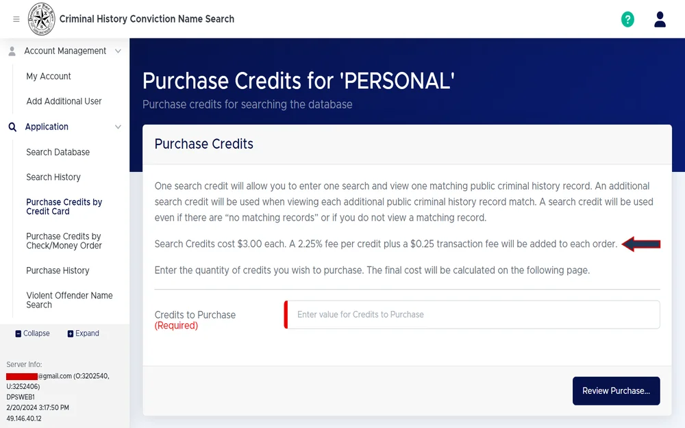 A screenshot of a webpage for purchasing credits to search a criminal history conviction database detailing the cost per credit and additional transaction fee.