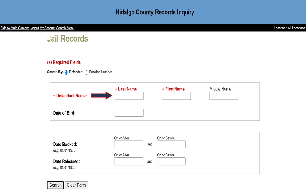 A screenshot of a public records search form from a county records inquiry system allows users to search for jail records by defendant name, booking number, and dates related to booking and release.