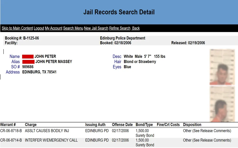 A screenshot of a detention facility's booking record shows an individual's mugshot, physical description, charges, bond amounts, and booking details.