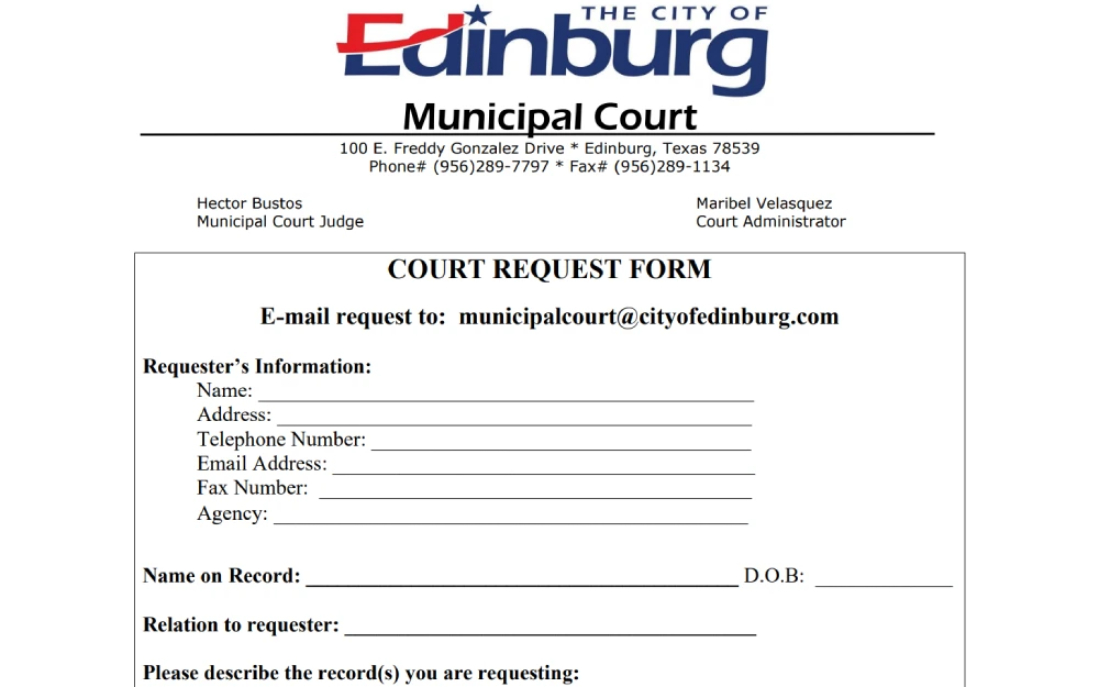 A screenshot of a municipal court's official document request form with fields for the requester's information, including name, contact details, and the specifics of the requested court records.