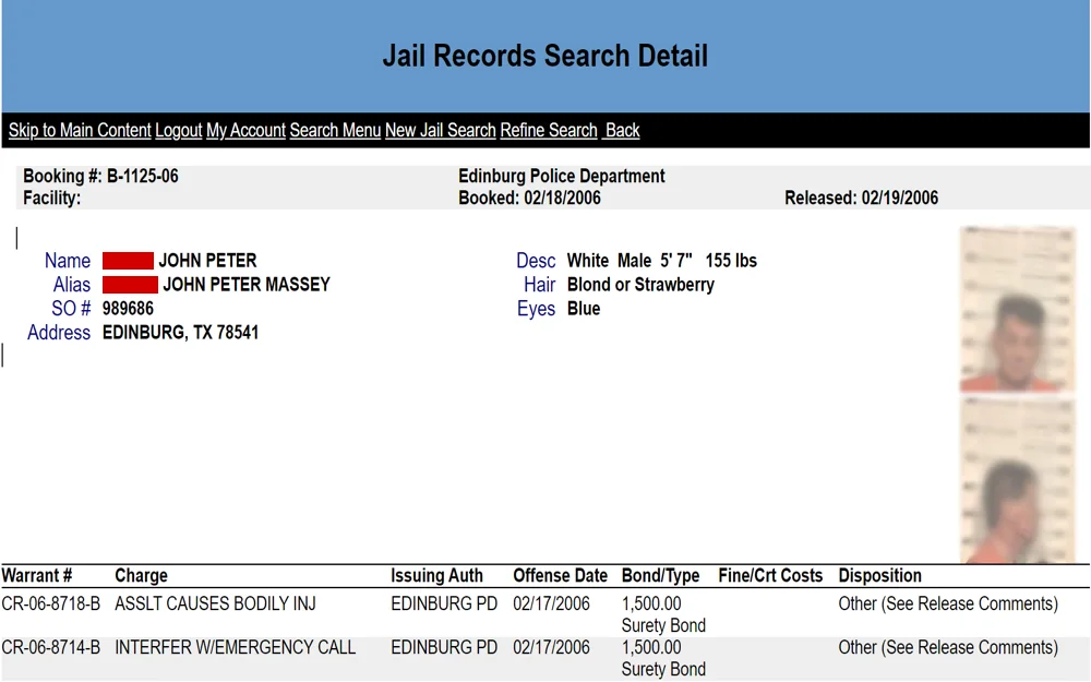 A screenshot from the Hidalgo County Records Inquiry displays personal information such as the full name, alias, address, physical description, a side and front mugshot, charges, bond information, and the issuing authority details.
