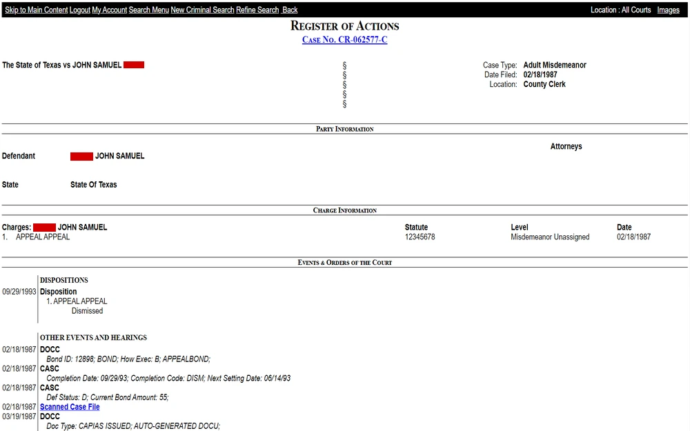 A screenshot from the Hidalgo County Records Inquiry, a legal case docket detail highlighting the register of actions for a case involving an adult misdemeanor, with information on the defendant, the state, charges, dispositions, bond and hearing details, and other procedural data from a court case filed in Texas.