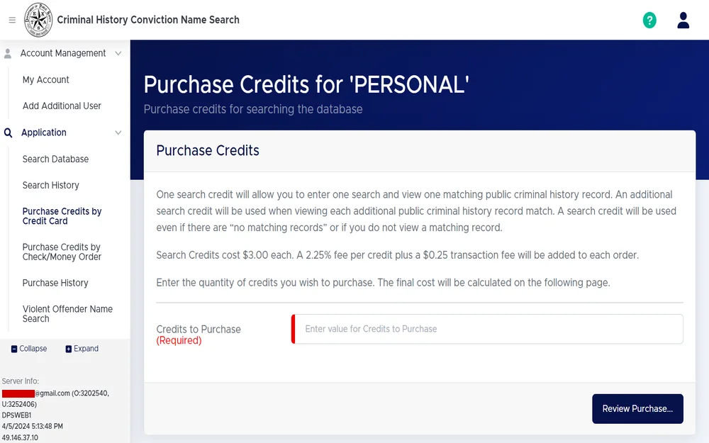A screenshot from the Texas Department of Public Safety displays a webpage section for purchasing credits, where each credit is used for searching and viewing criminal history records online; the cost per search credit and additional transaction fee are specified, and there is an option to enter the number of credits to be purchased for the database search.