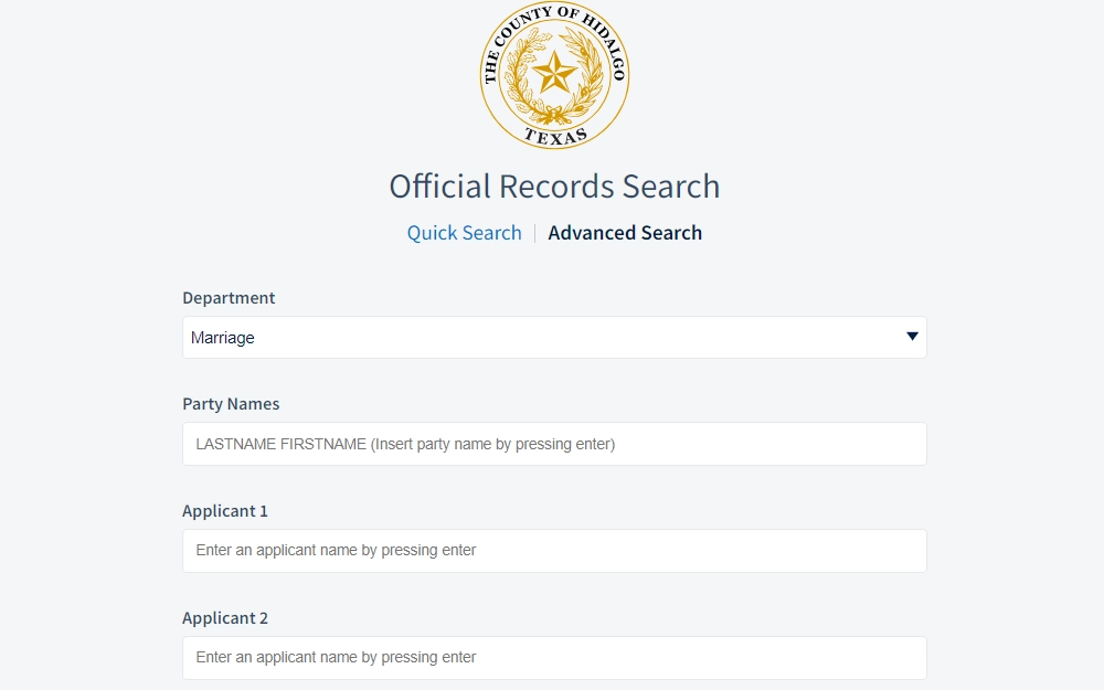 A screenshot of the advance search page for official marriage records where the searcher may provide the party name, applicant 1, applicant 2, recorded date range, instrument date range, document types, and other information. 