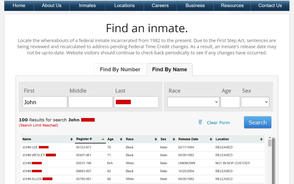 A screenshot from the federal inmate locator displaying 100 results for the first and last name search, with details such as register number, age, race, sex, release date, and location.