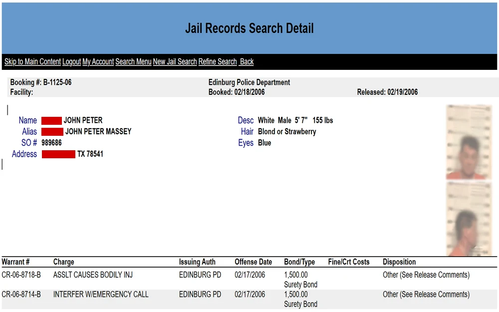 A screenshot shows booking information for a male, including his physical description, booking and release dates, facility, charges, bond amount, and mugshots from the front and side views.