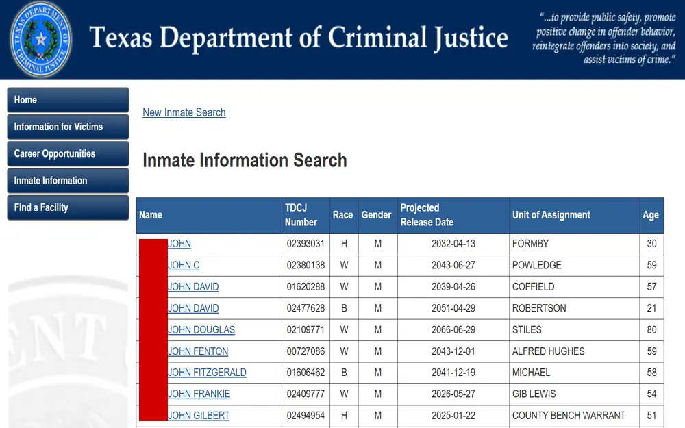 A screenshot from the Texas Department of Criminal Justice displays a list of inmates with their TDCJ number, race, gender, projected release date, unit of assignment, and age.